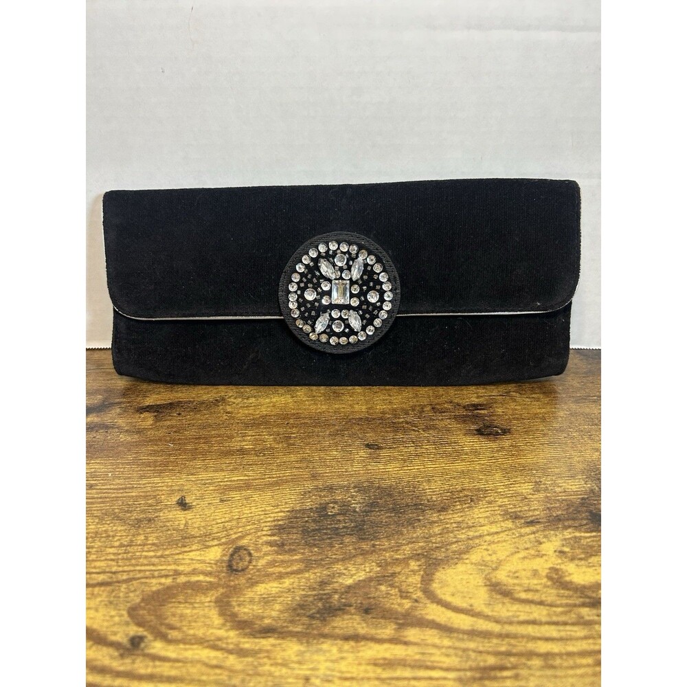 Victoria's Secret Black Velvet Clutch Rhinestone Buckle Rectangle 11x4x2" - Picture 8 of 13